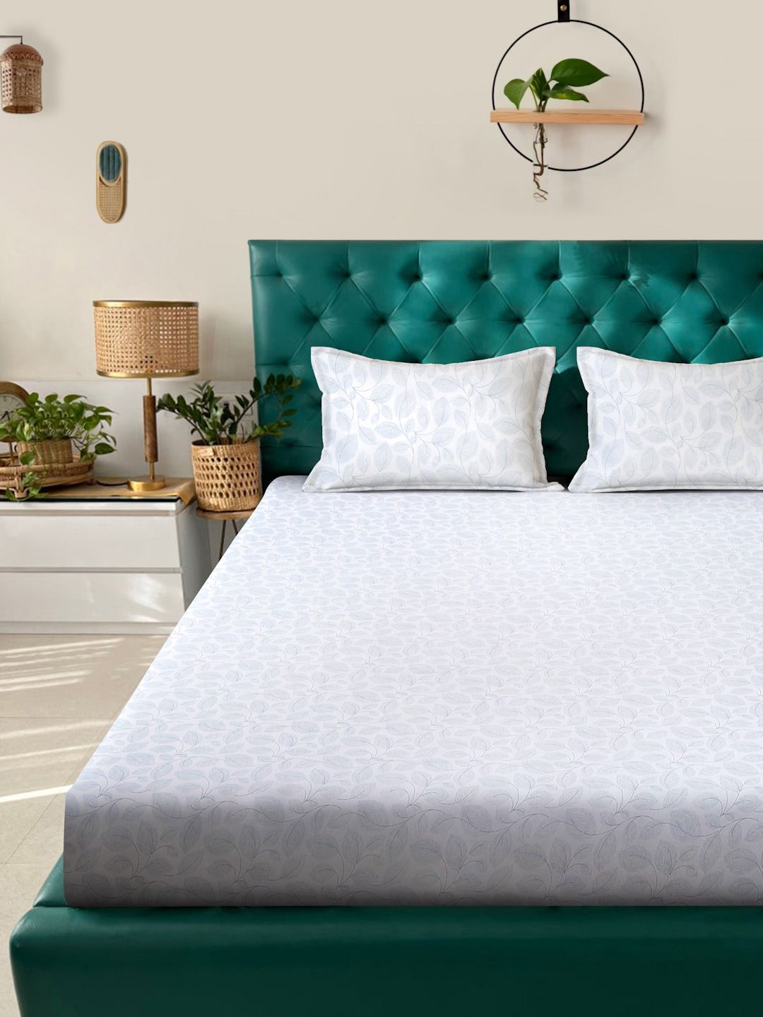 KLOTTHE White Floral Printed 400 TC Kapas Tulen Cadar Super King Dengan 2 Sarung Bantal