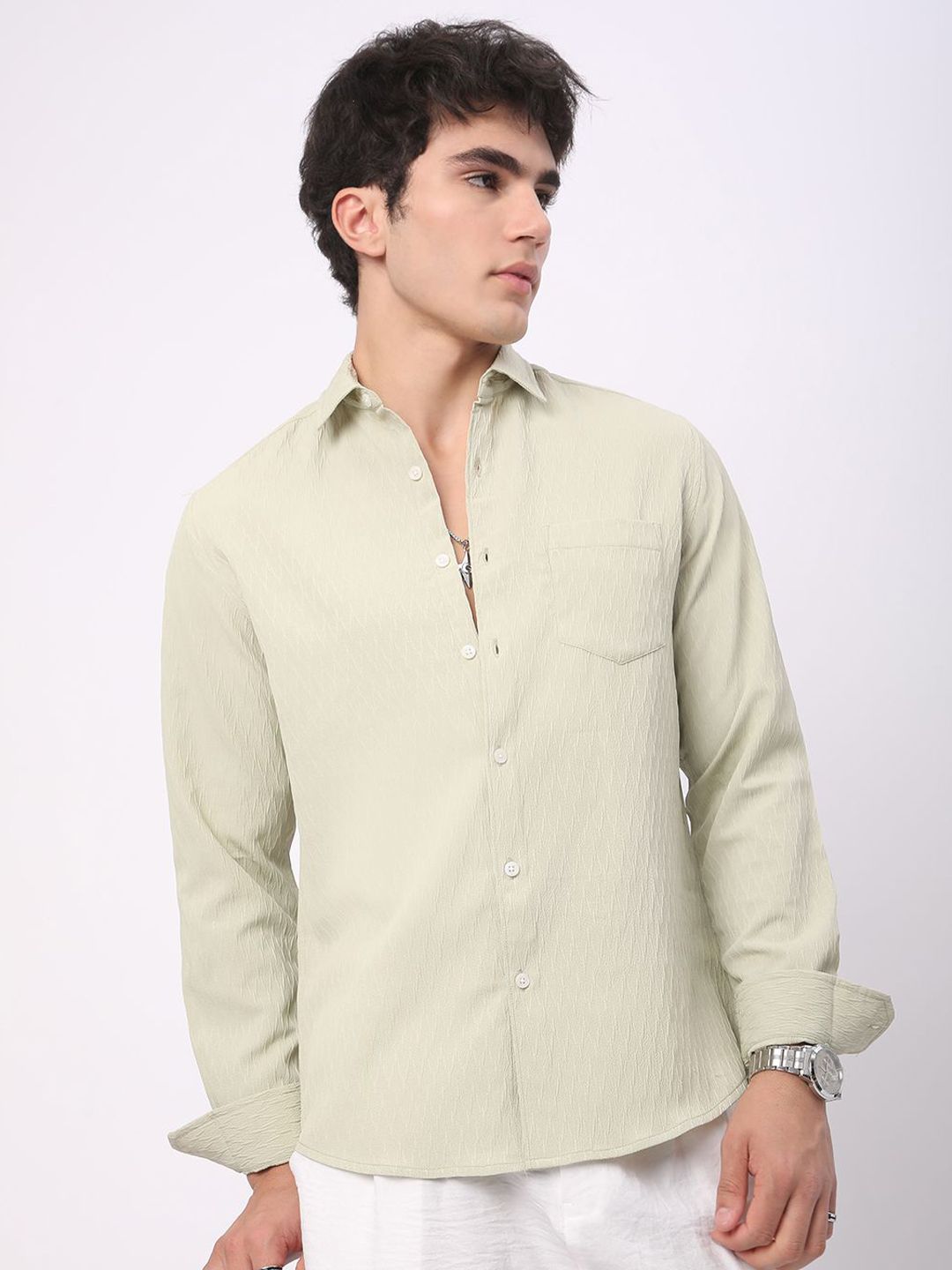 VASTRADO Men Classic Spread Collar Textured Slim Fit Casual Shirt