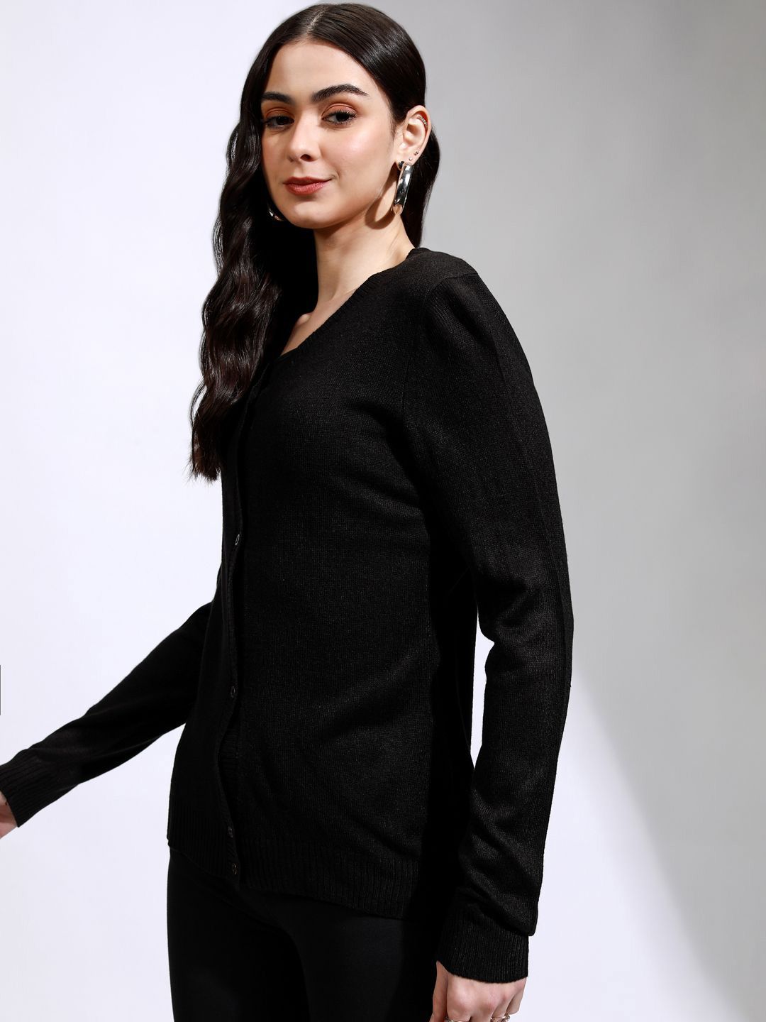 Tokyo Talkies Women Ribbed V-Neck Cardigan Sweaters