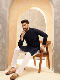 Anouk Navy Blue Geometric Embroidered Sequinned Pure Cotton Straight Kurta With Pyjamas