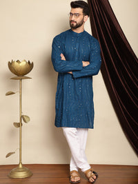 Anouk Teal Blue Mandarin Collar Sequinned Pure Cotton Straight Kurta with Pyjamas