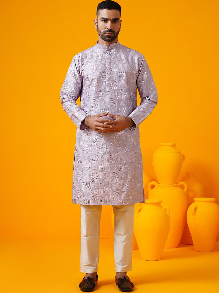 SOJANYA LUXE Geometrik Sulam Kolar Mandarin Benang Kerja Kurta Lurus