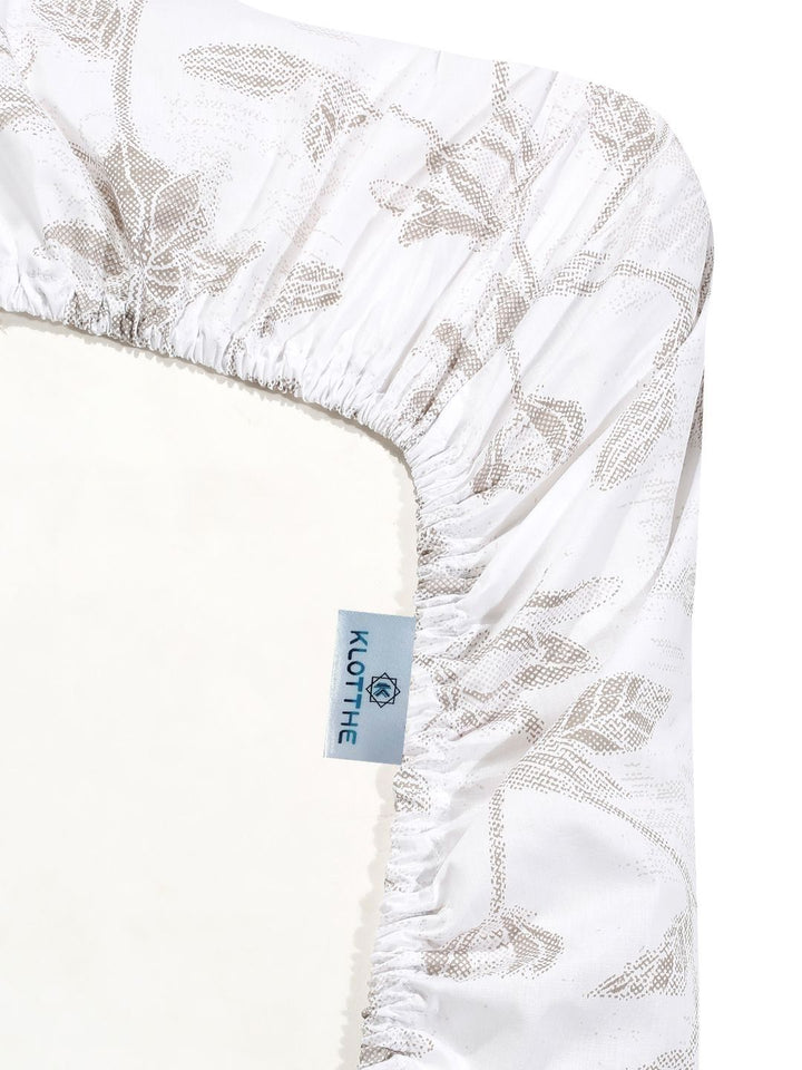 KLOTTHE White Floral Printed Fitted 400 TC Cotton Super King Bedsheet With 2 Pillow Covers