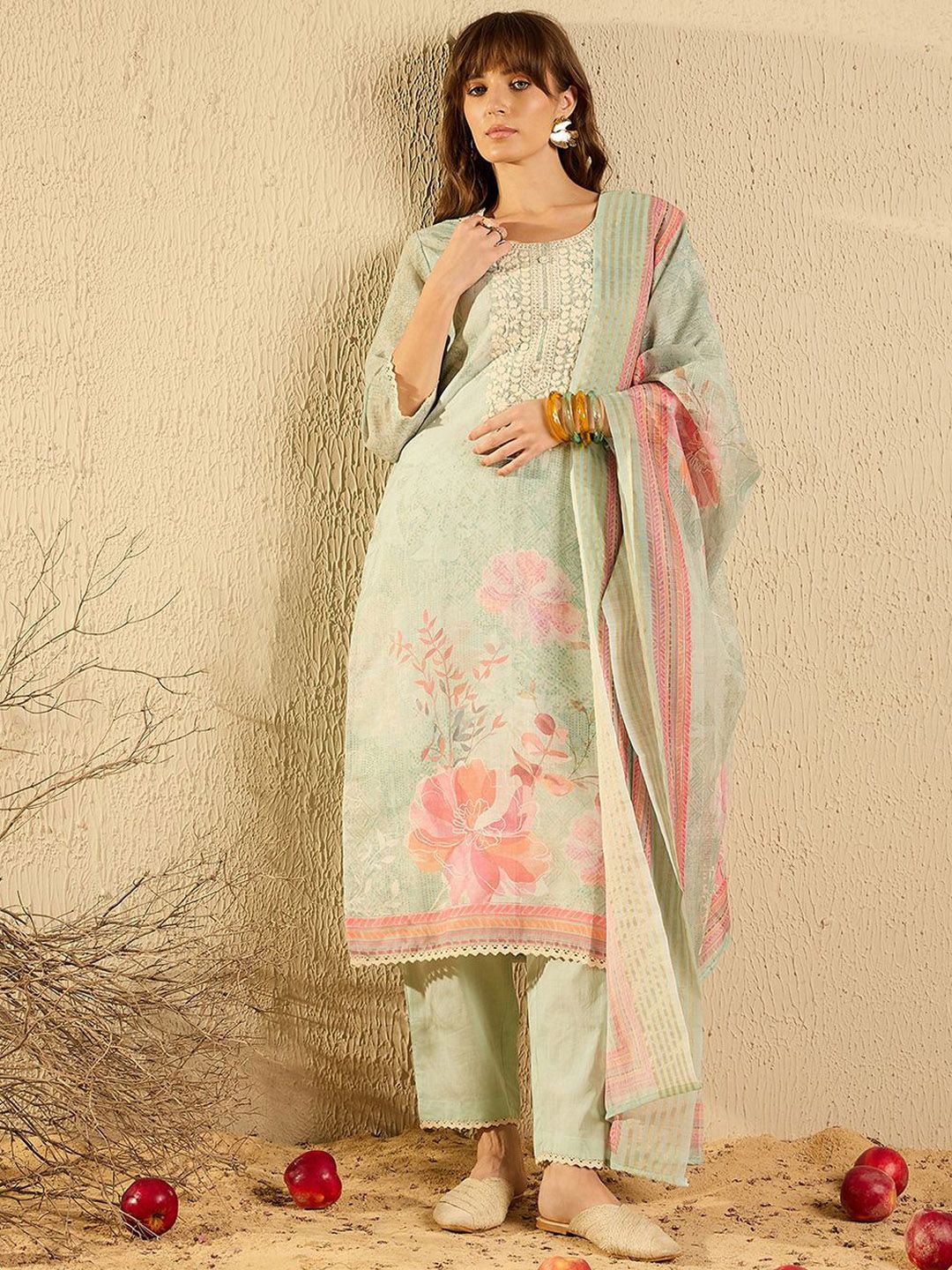 Indo Era Women Ethnic Motifs Printed Regular Chikankari Kurta with Trousers & With Dupatta