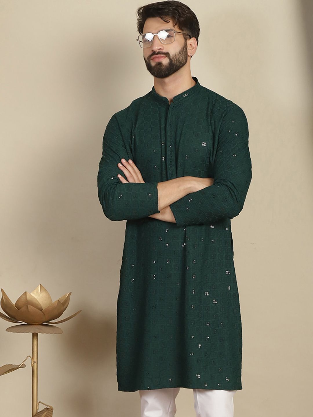 Anouk Green Geometric Sulam Kolar Mandarin Lengan Panjang Kurta Kapas Labuci