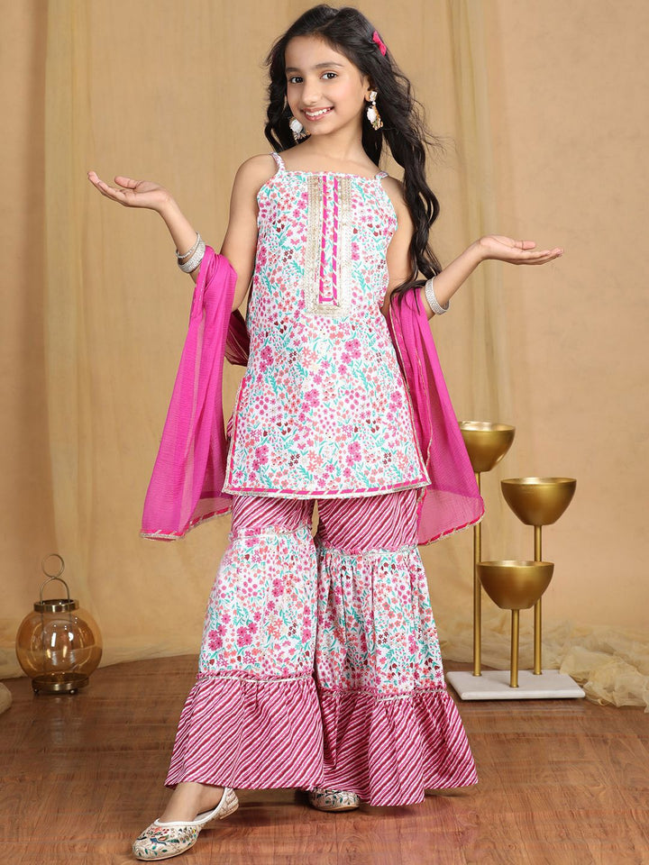 Cutiekins Girls Floral Printed Regular Gotta Patti Kurta with Sharara & With Dupatta