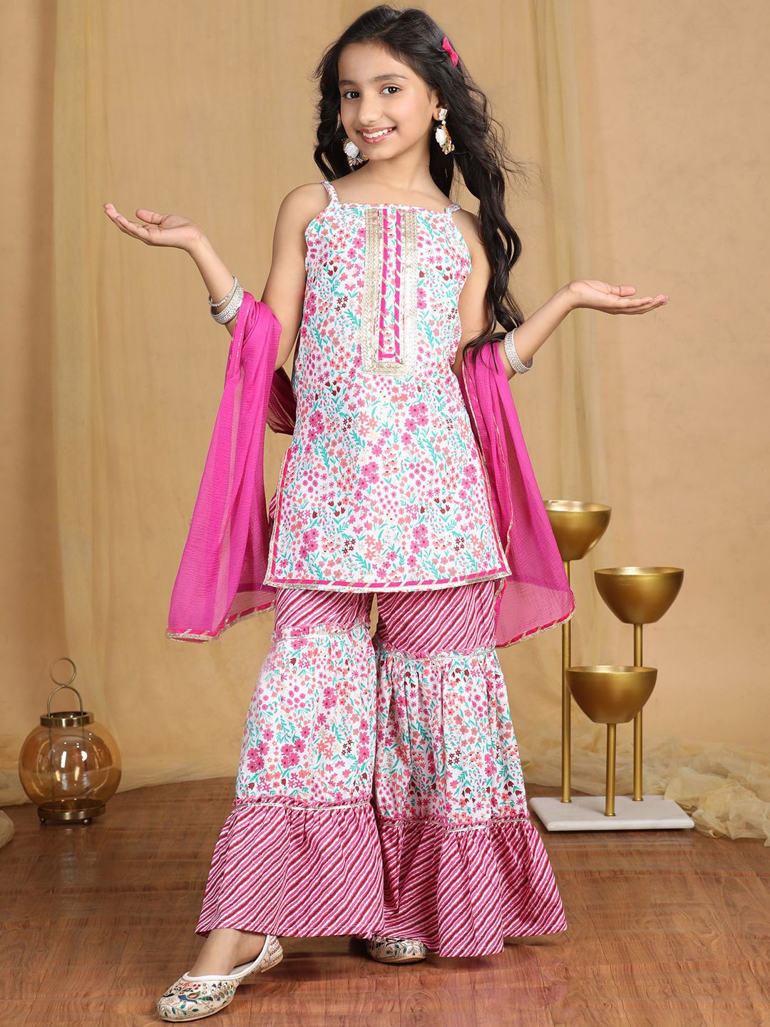 Cutiekins Girls Floral Printed Regular Gotta Patti Kurta with Sharara & With Dupatta