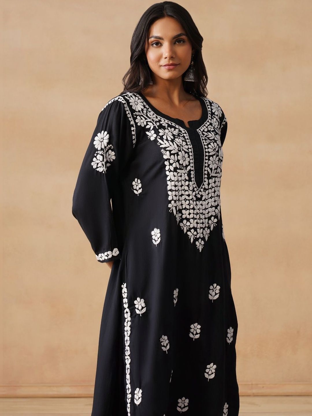 House of Chikankari Women Solid Black Modal Kurta