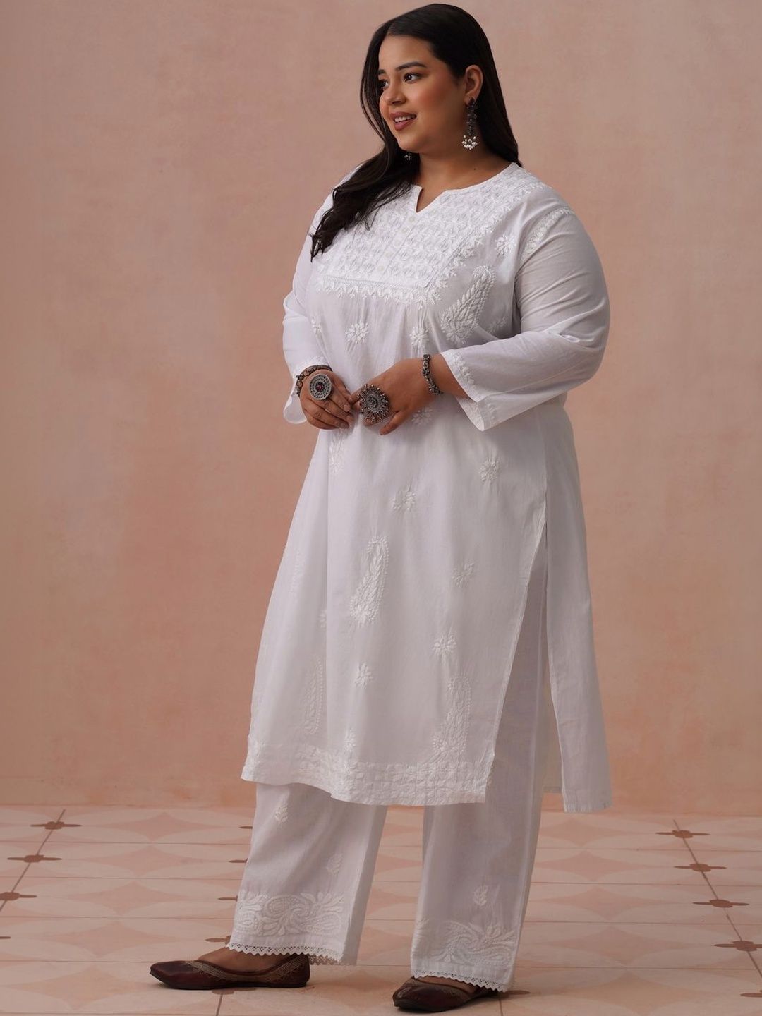 Rumah Motif Etnik Kapas Chikankari Kurta Panjang Betis Lurus