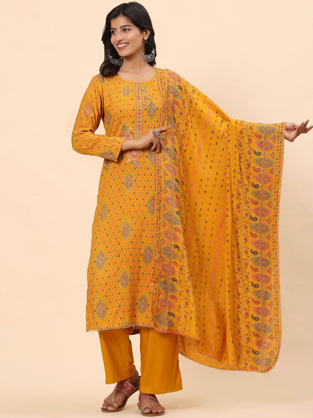 Mamicha Women Ethnic Motifs Embroidered Regular Thread Work Pure Cotton Kurta with Palazzos & With Dupatta
