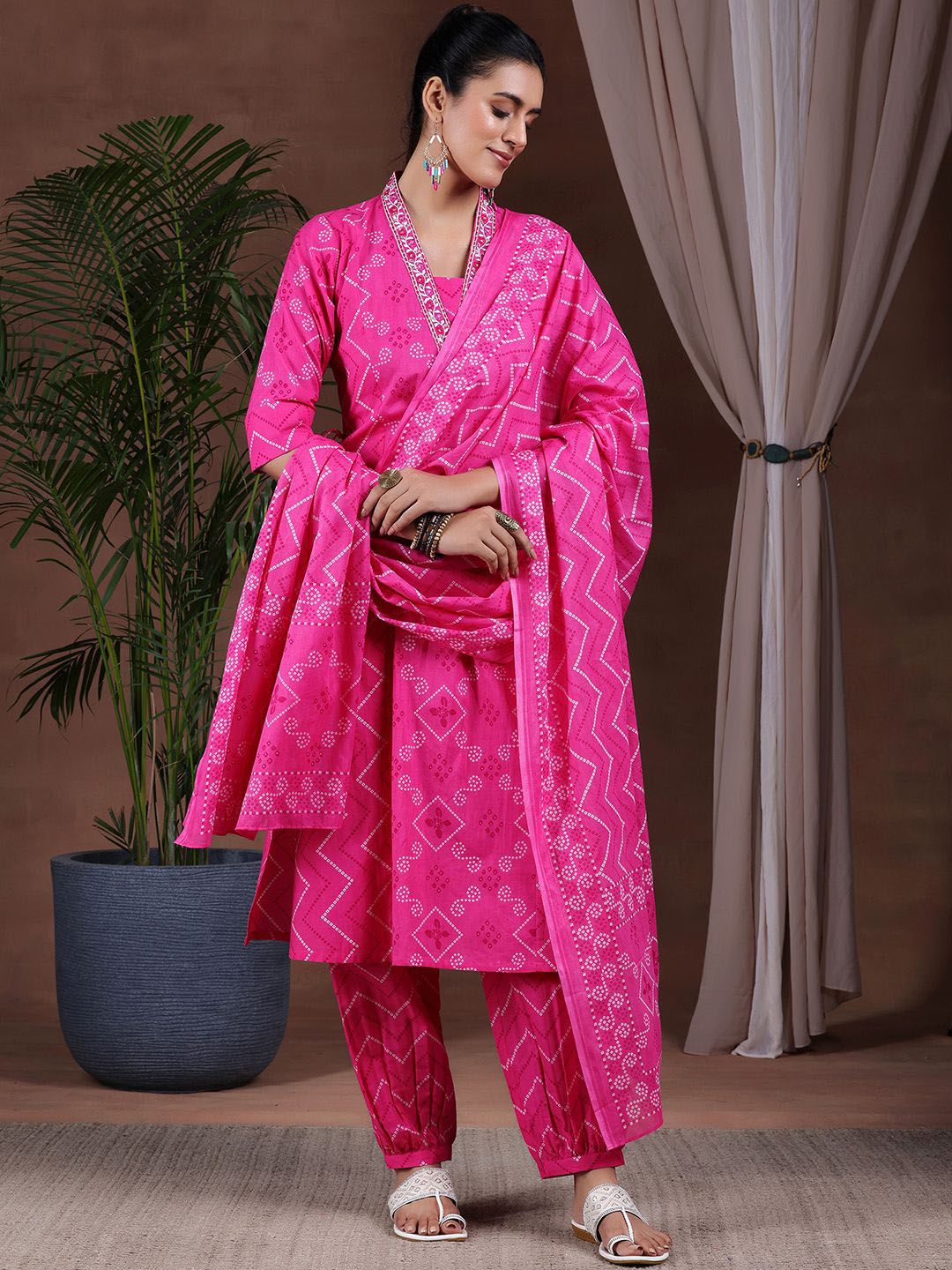 Libas Bandhani Printed V-Neck Pure Cotton A-Line Kurta With Salwar & Dupatta