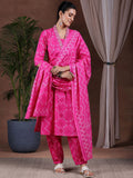 Libas Bandhani Printed V-Neck Pure Cotton A-Line Kurta With Salwar & Dupatta