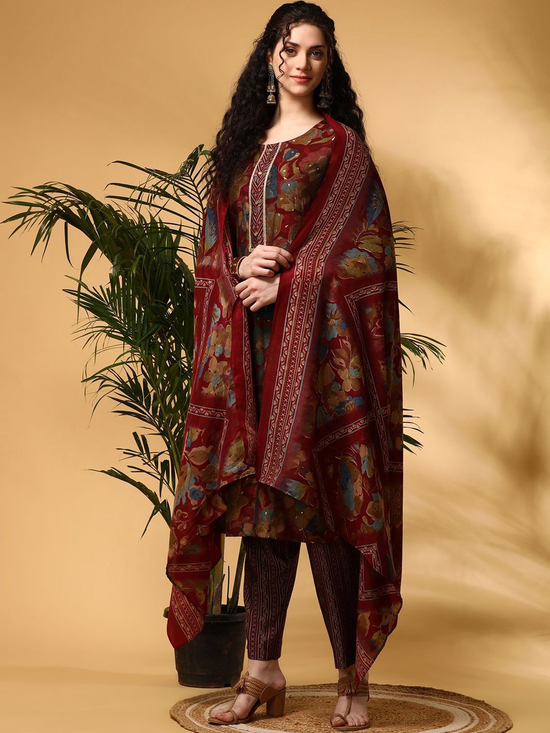 Anouk Maroon Floral Printed Round Neck Straight Kurta with Trousers & Dupatta