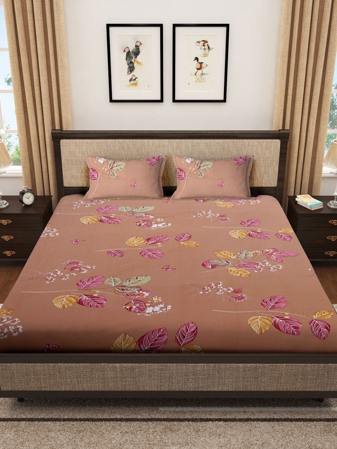 Myntra Elegant Homes Peach Floral Pure Cotton 400 TC King Superfine Bedsheet with 2 Pillow Covers-98 x 89 inches
