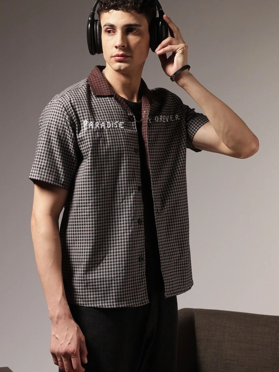 Eszett Checked Spread Collar Cotton Casual Shirt