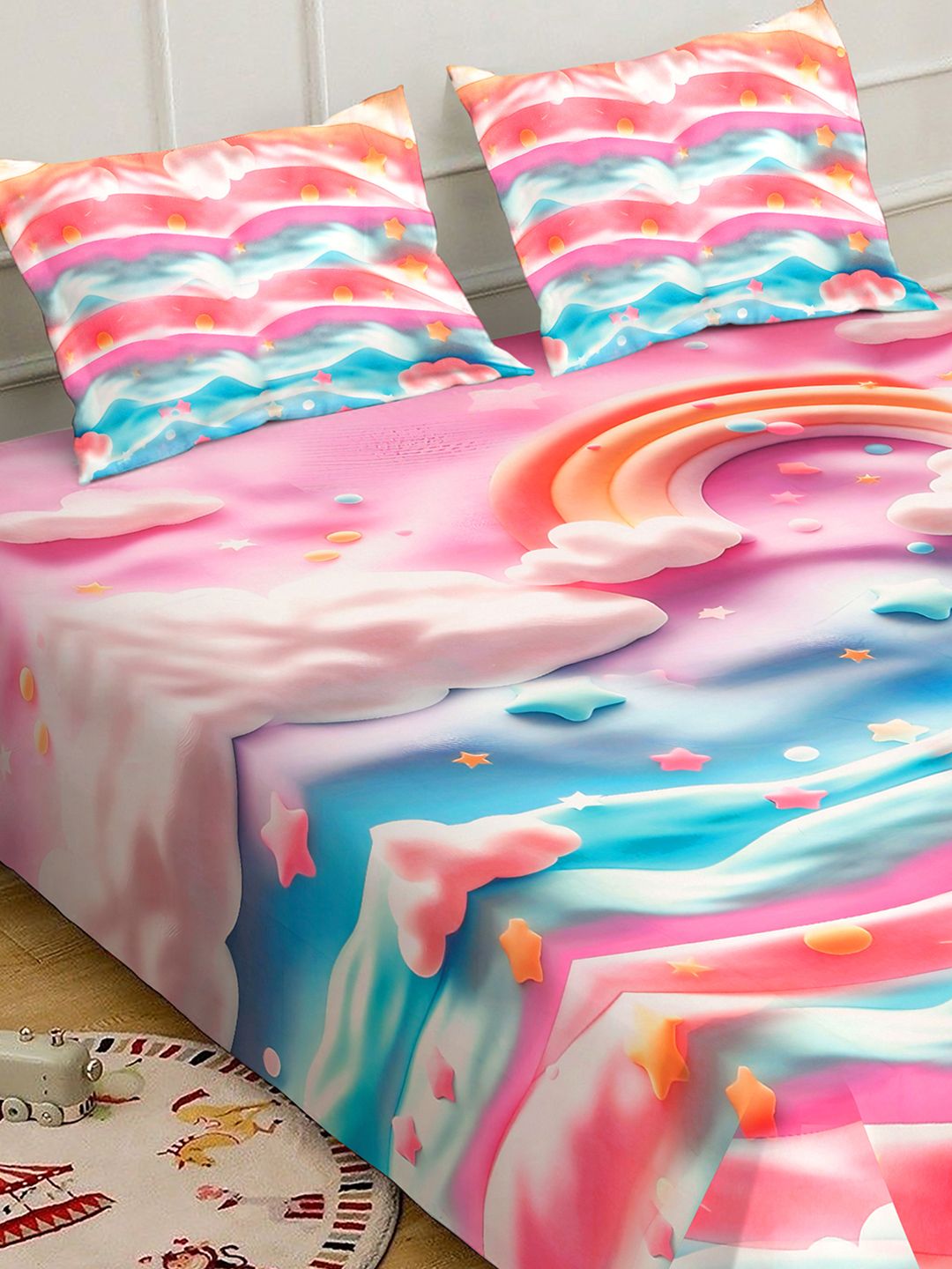 Myntra Elegant Homes Multicoloured Conversational 400 TC King Bedsheet with 2 Pillow Covers