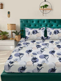 Aura White & Grey 300 TC Floral Fitted Double King Set Cadar 2.50 m x 2.25 m