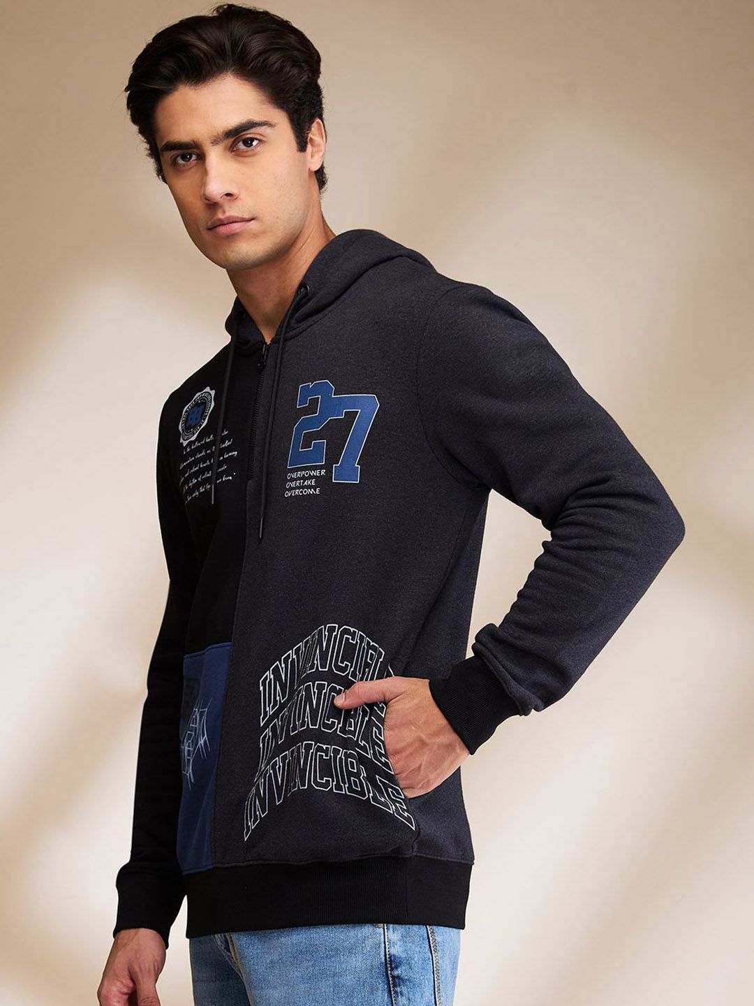 Being Human Men Black Long Sleeves Hooded Neck Patchwork Sweatshirts