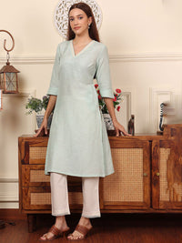 W Blue V-Neck Three-Quarter Sleeves Regular Linen Straight Kurta