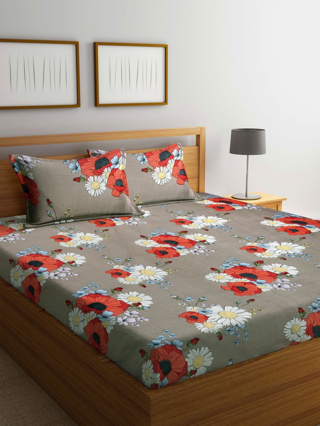 Myntra Elegant Homes Grey & Red Floral 300 TC King Bedsheet with 2 Pillow Covers