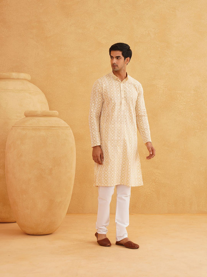 SOJANYA Floral Embroidered Sequinned Band Collar Pure Cotton Kurta With Churidar