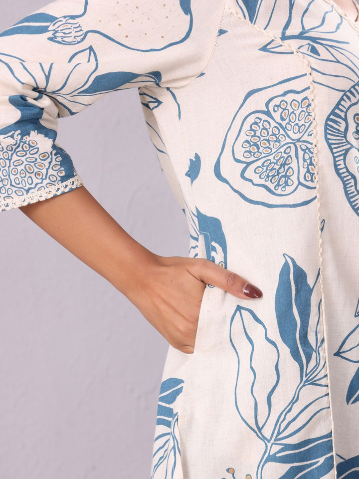 Varanga Floral Printed V-Neck Sequinned Panelled Cotton A-Line Kurta