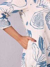 Varanga Floral Printed V-Neck Sequinned Panelled Cotton A-Line Kurta