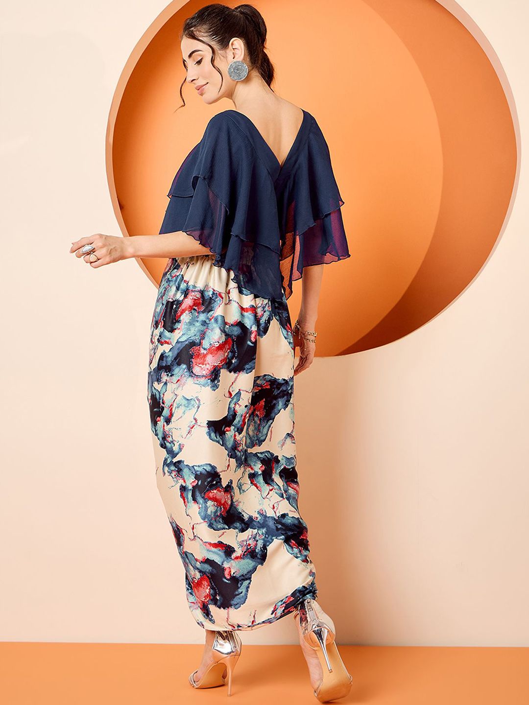 Antheaa Navy Blue Embellished V-Neck Top & Skirt