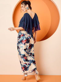 Antheaa Navy Blue Embellished V-Neck Top & Skirt