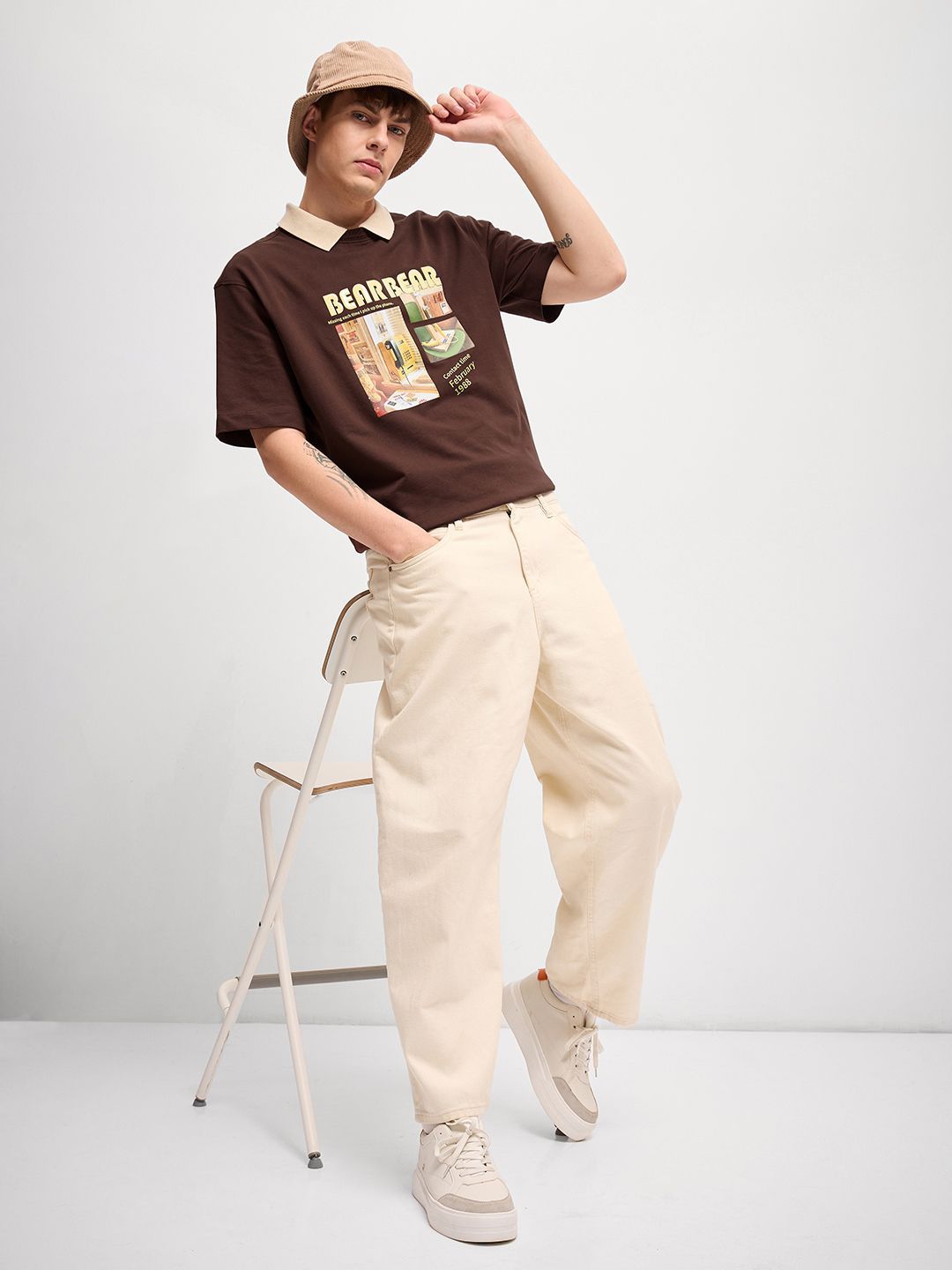 THE BEAR HOUSE Men Graphic Printed Round Neck Pure Cotton Oversized T-shirt