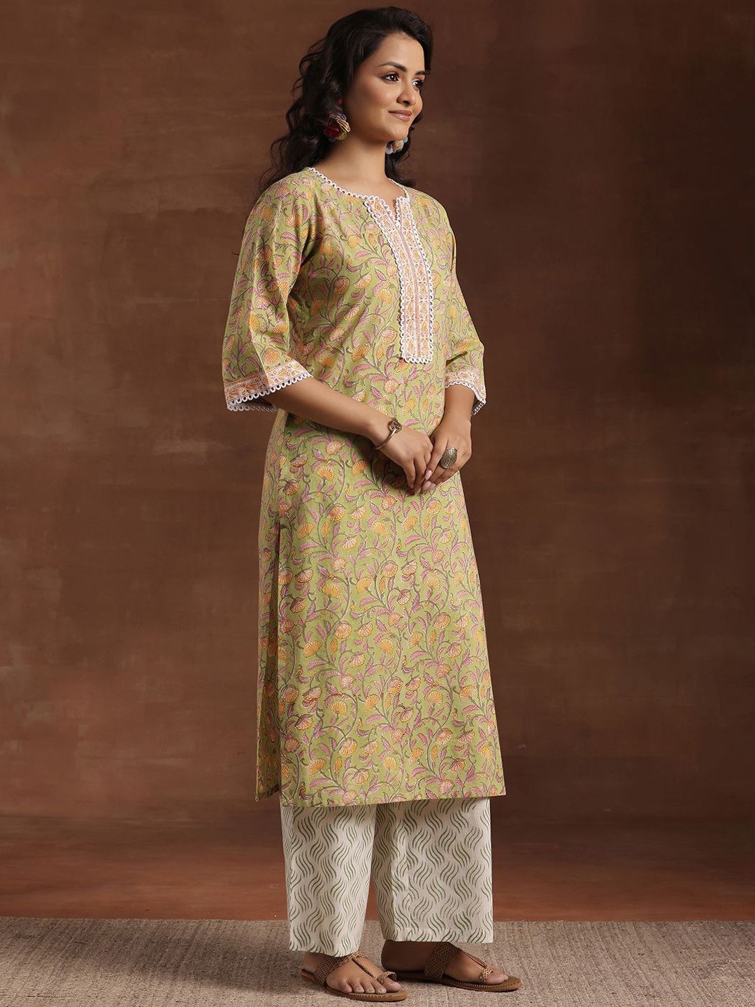 Libas Floral Printed Pure Cotton Straight Kurta with Palazzo & Dupatta