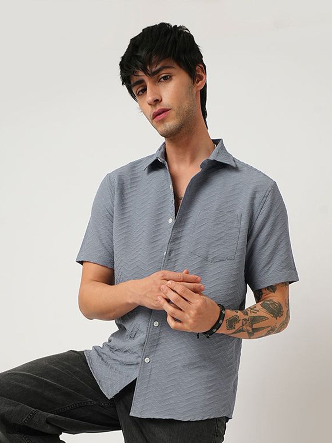 VASTRADO Men Classic Spread Collar Textured  Slim Fit Casual Shirt