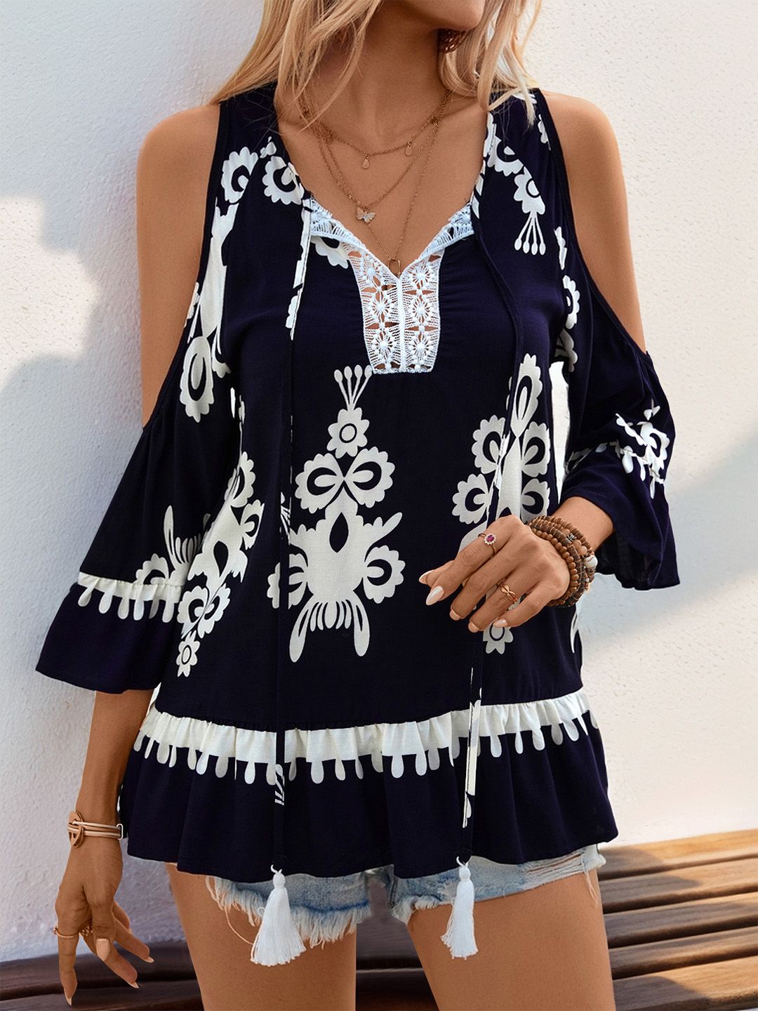 DressBerry Ethnic Print Cold-Shoulder Top