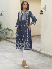 House of Chikankari Women Solid Blue Denim A-Line Kurta