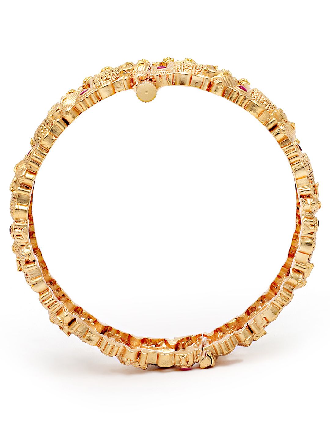 KARATCART Set Of 2 Gold-Plated & Pink Stones-Studded Rajwadi Temple Bangles