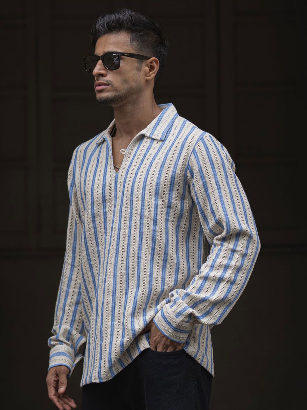 Powerlook Men Spread Collar Vertical Striped Cotton Casual Shirt