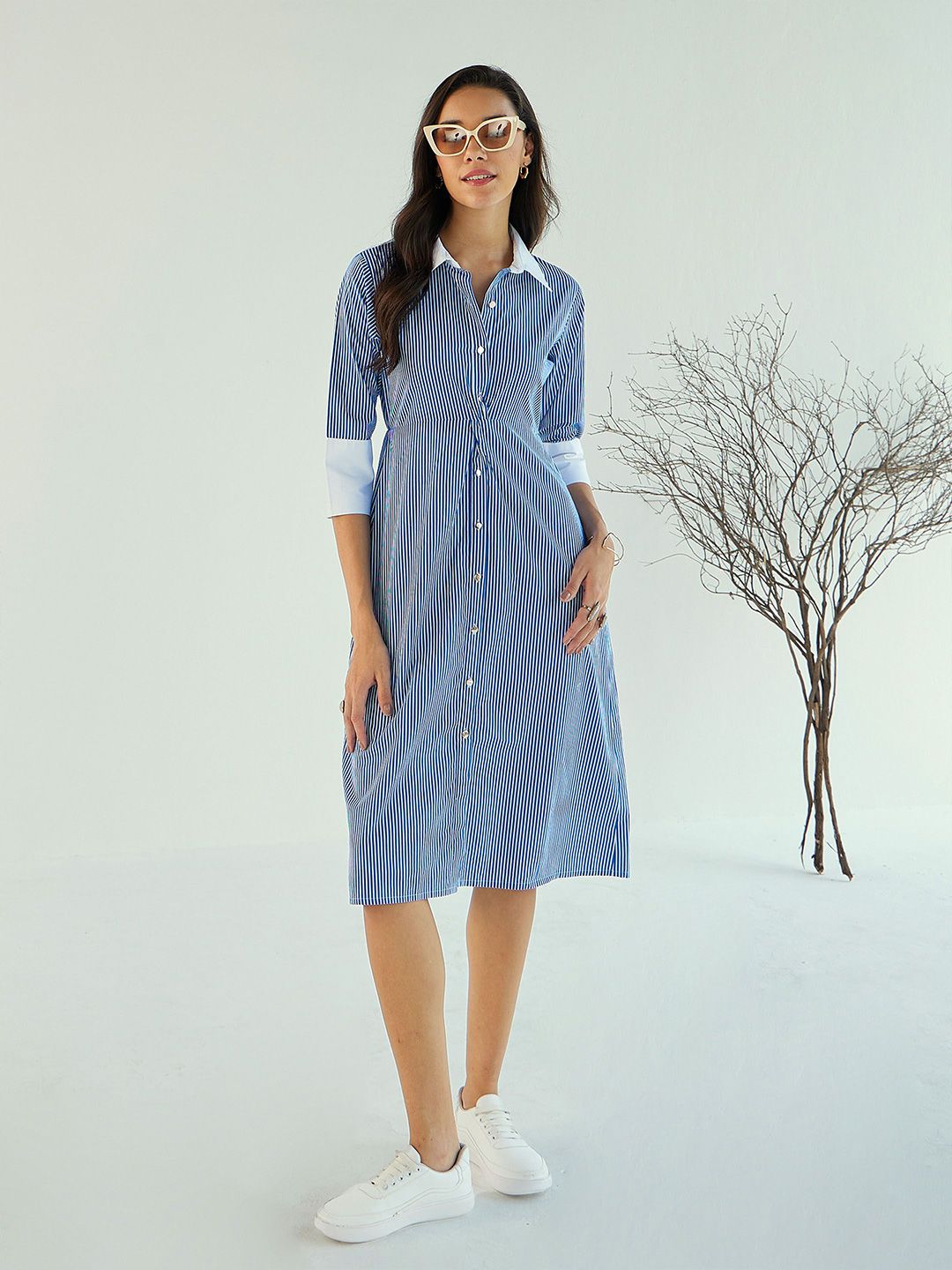 Pink Paprika by SASSAFRAS Striped A-Line Midi Cotton Dress