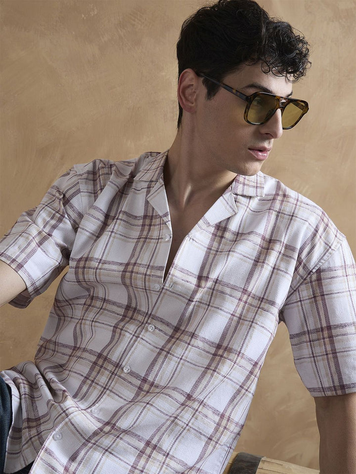 DENNISON Men Beige and Maroon Tartan Checks Shirt