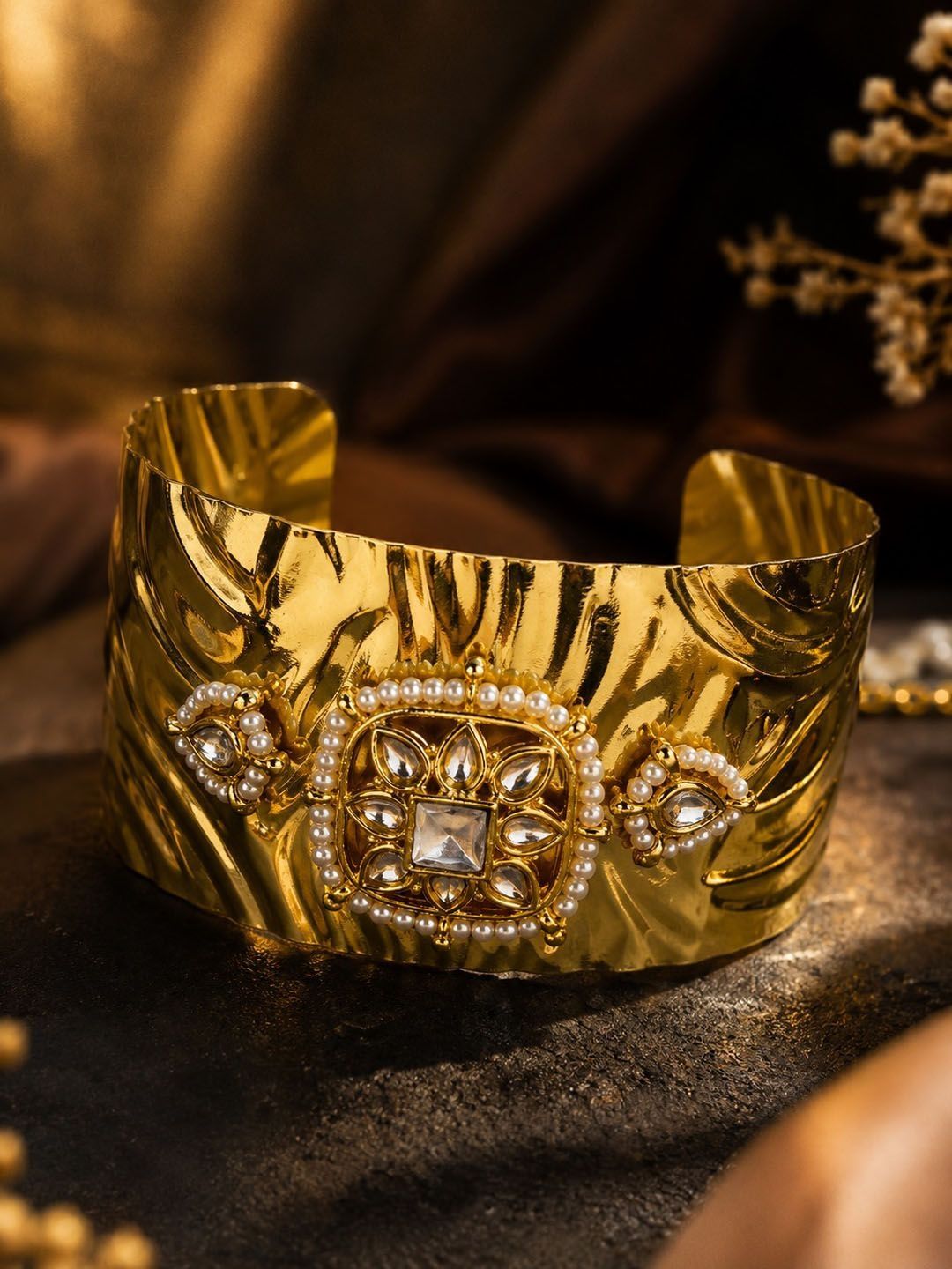PANASH Gold-Plated Artificial Stones Studded Cuff Bracelet