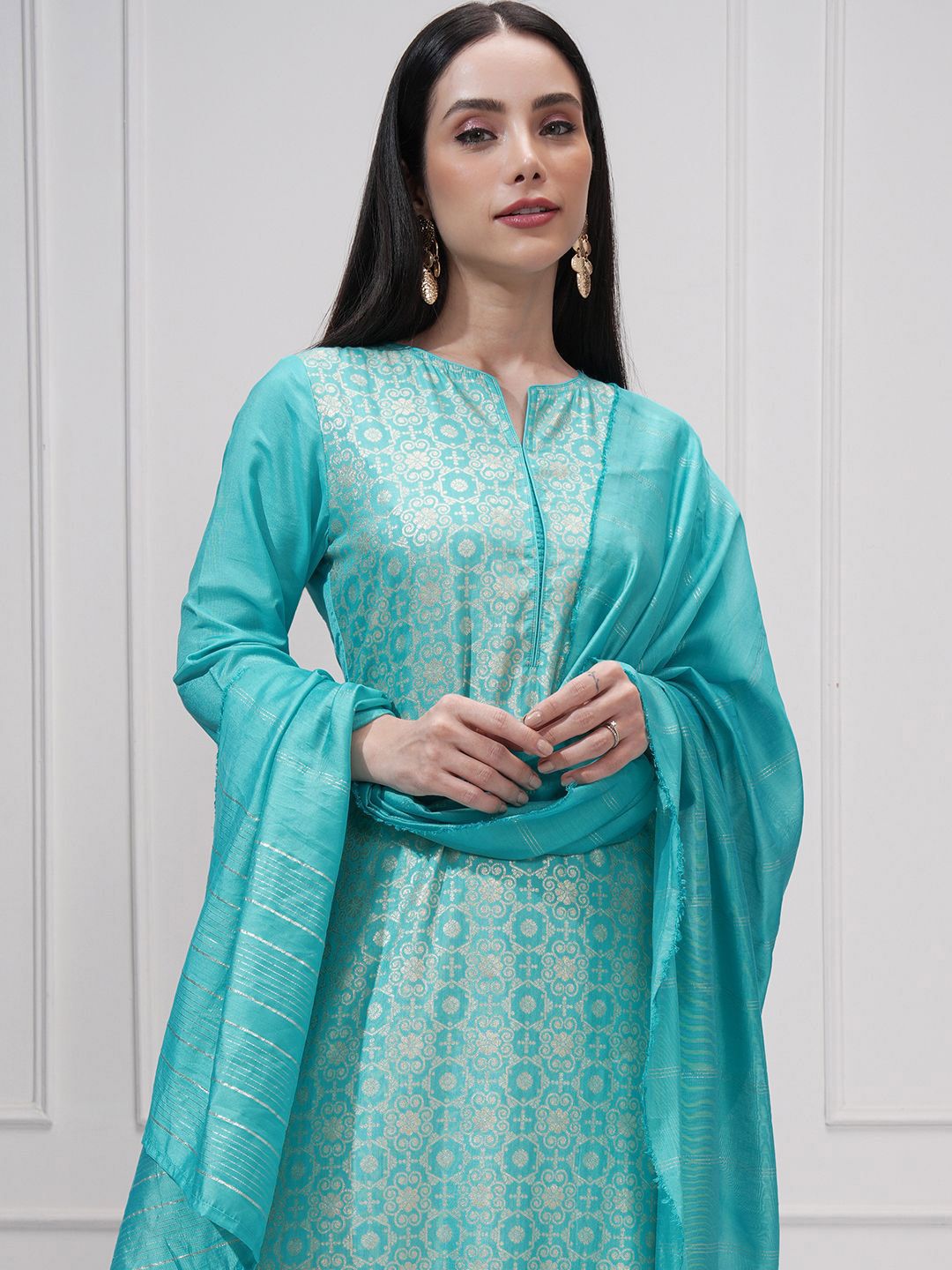 Vishudh Floral Woven Design Notch Neck Jacquard Straight Kurta With Trouser And Dupatta