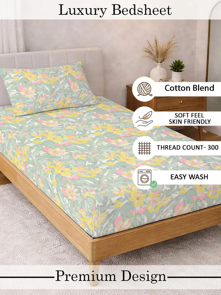 Myntra Elegant Homes Green & Pink Floral 300 TC Single Bedsheet with 1 Pillow Covers