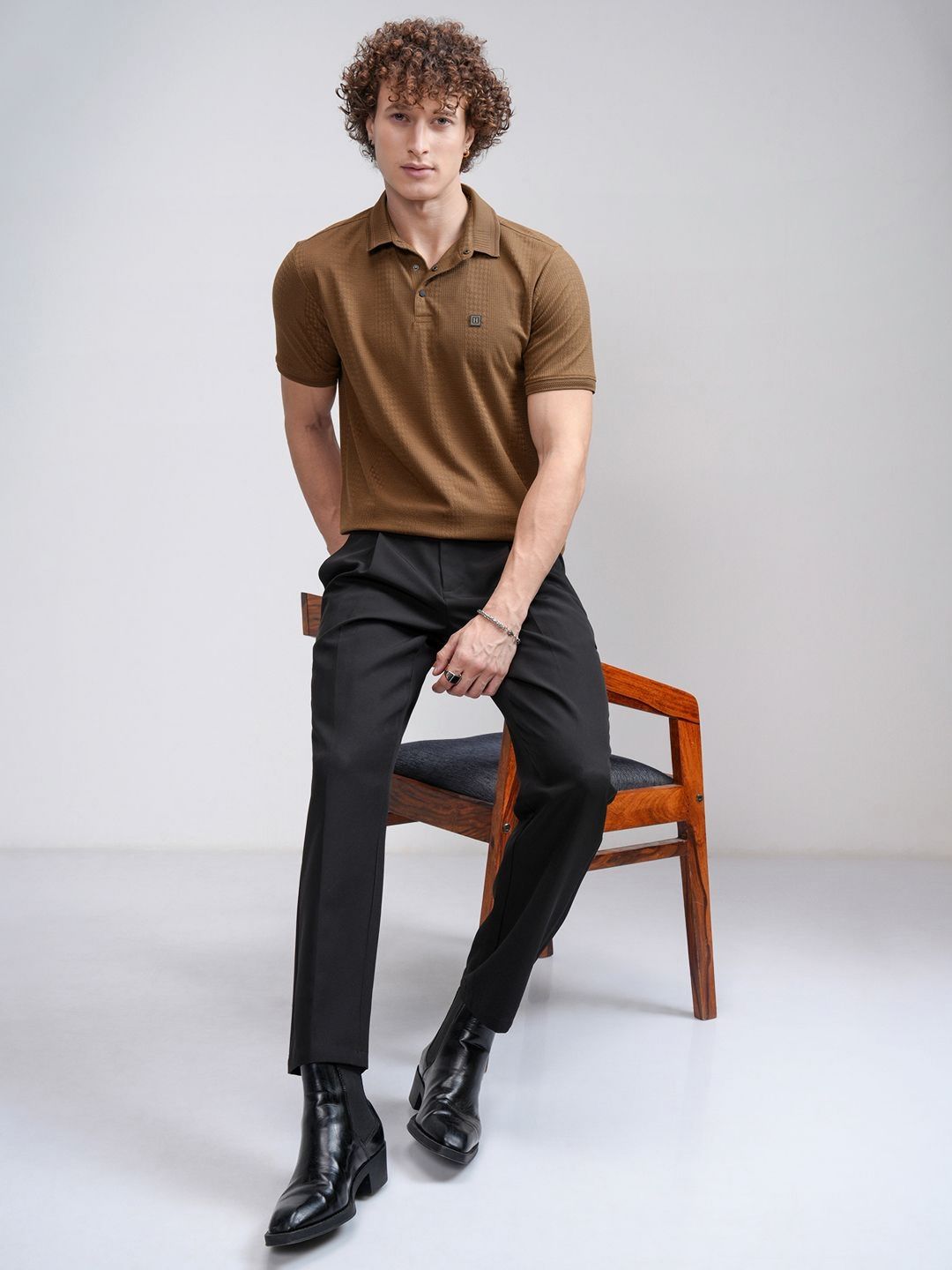 HIGHLANDER Men Self Design Regular Fit Polo T-shirt