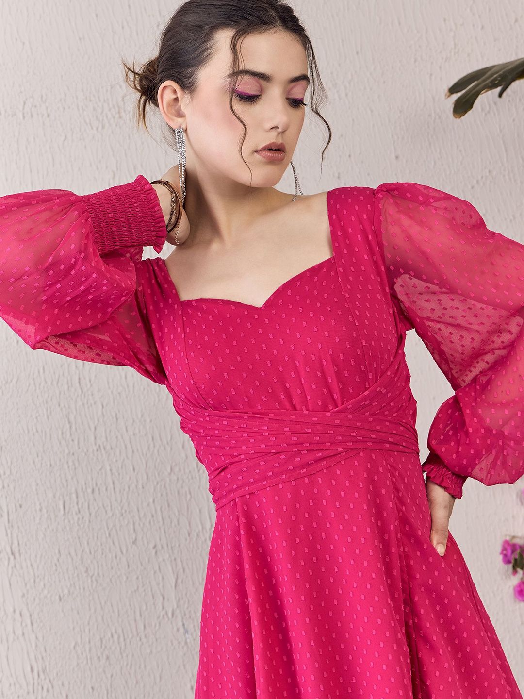 Berrylush Women Solid Sweetheart Neck Bishop Sleeve Fit & Flared Maxi Dress