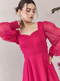 Berrylush Women Solid Sweetheart Neck Bishop Sleeve Fit & Flared Maxi Dress