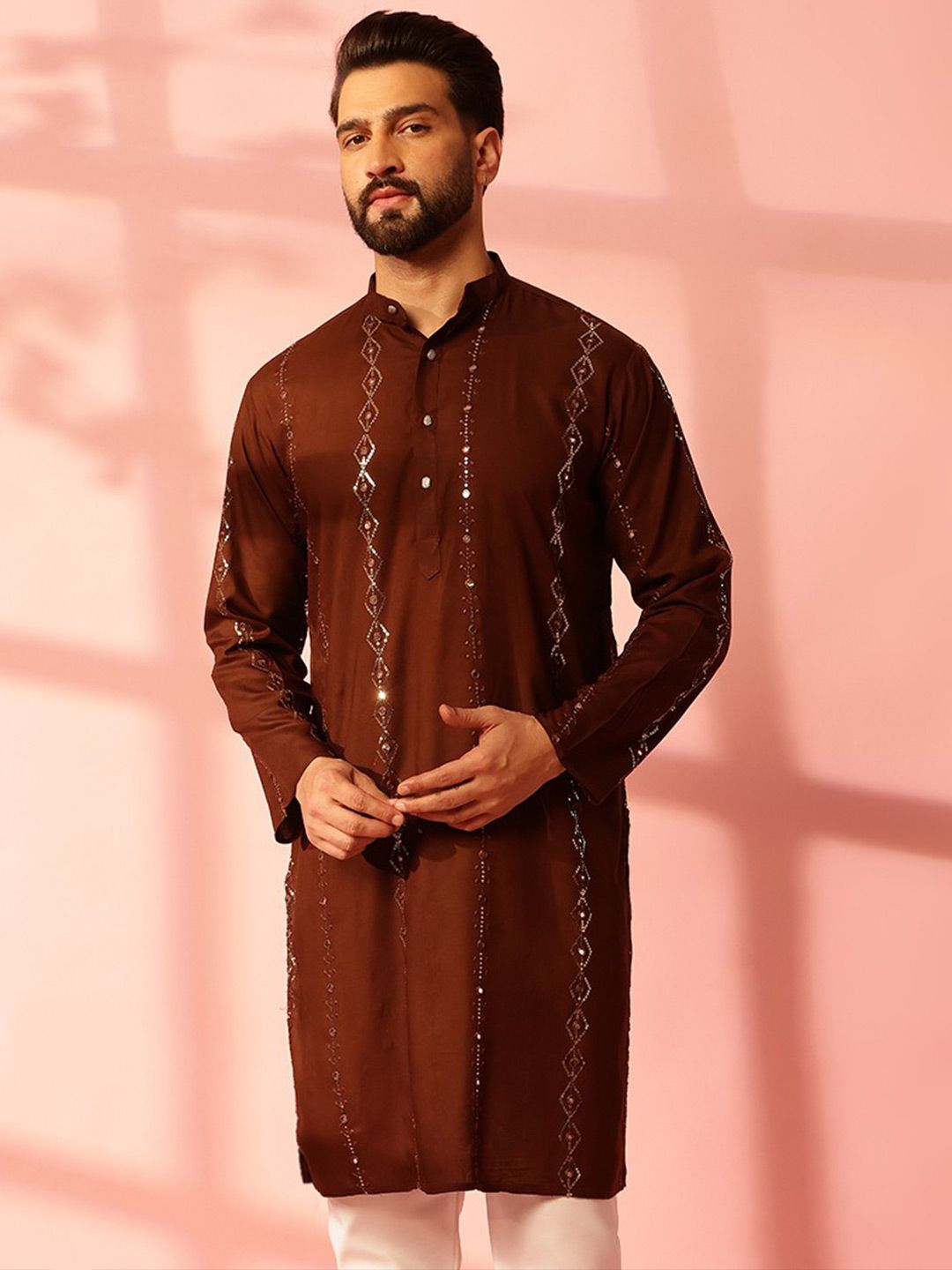 Anouk Striped Embroidered Mandarin Collar Sequinned Cotton Kurta