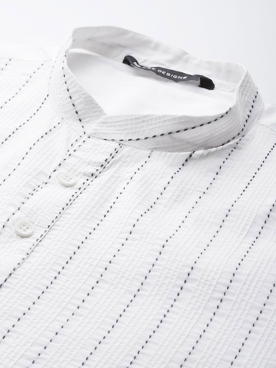 See Designs Mandarin Collar Striped Embroidered Kantha Work Pure Cotton Straight Kurta