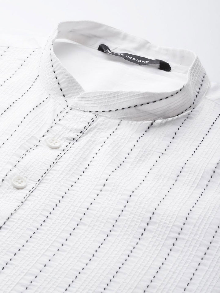 See Designs Mandarin Collar Striped Embroidered Kantha Work Pure Cotton Straight Kurta