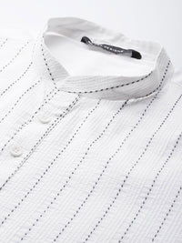 See Designs Mandarin Collar Striped Embroidered Kantha Work Pure Cotton Straight Kurta