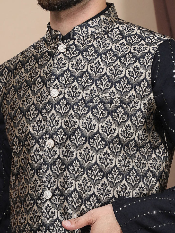 Anouk Leheriya Embroidered Sequinned Cotton Straight Kurta With Churidar & Nehru Jacket