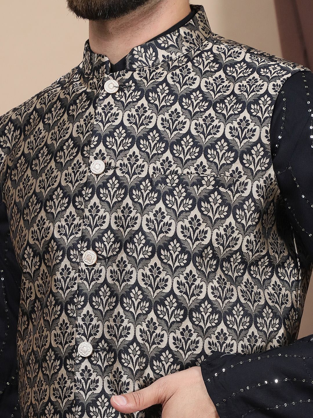 Anouk Leheriya Embroidered Sequinned Cotton Straight Kurta With Churidar & Nehru Jacket